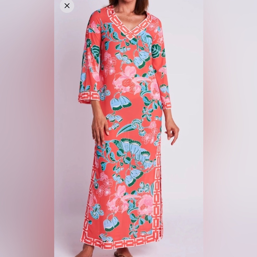 CK Bradley Chiffon Coral Floral Maxi Dress Beach Cover Caftan Size Small NWT